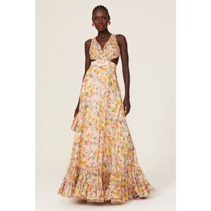 MAC DUGGAL Yellow Floral Chiffon Lace Up Tie Up Back Gown Dress